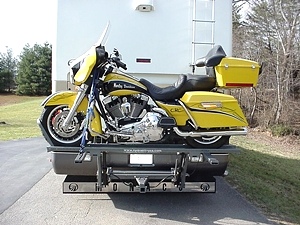 WORLDS BEST RV MOTORCYCLE LIFT BY HYDRALIFT.DRIVE-ON DRIVE-OFF
