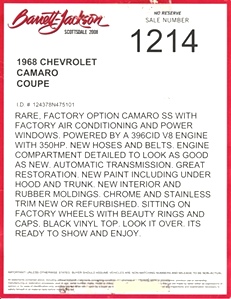 1968 CHEVROLET CAMARO SS BIG BLOCK CAR FOR SALE